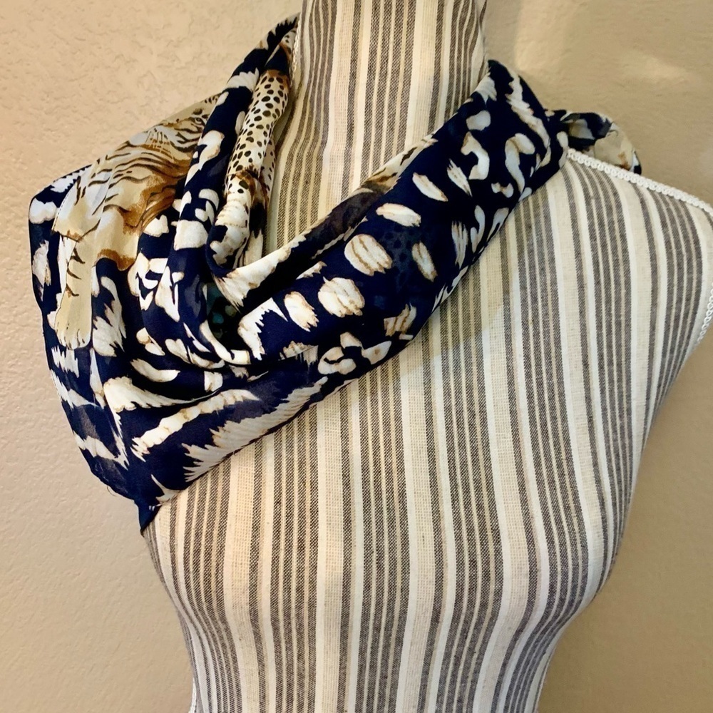 Animal Print Scarf Blue Big Cats Gold Orange Tiger Leopard Cheetah Classy - Picture 4 of 13